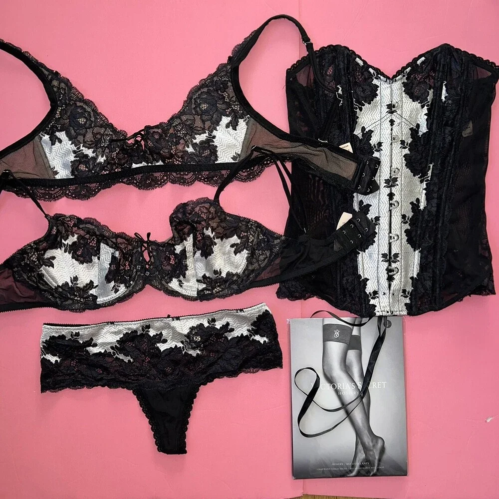 Victoria's Secret 36D BRA SET+M SLING+CORSET Black White Silver Sexy Seduction